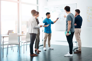 Ein Coach steht mit einer Gruppe von Klienten an einer Flipchart