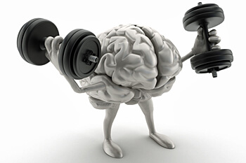 Ein Gehirn mit Armen und Beinen hält zwei Hanteln in die Höhe